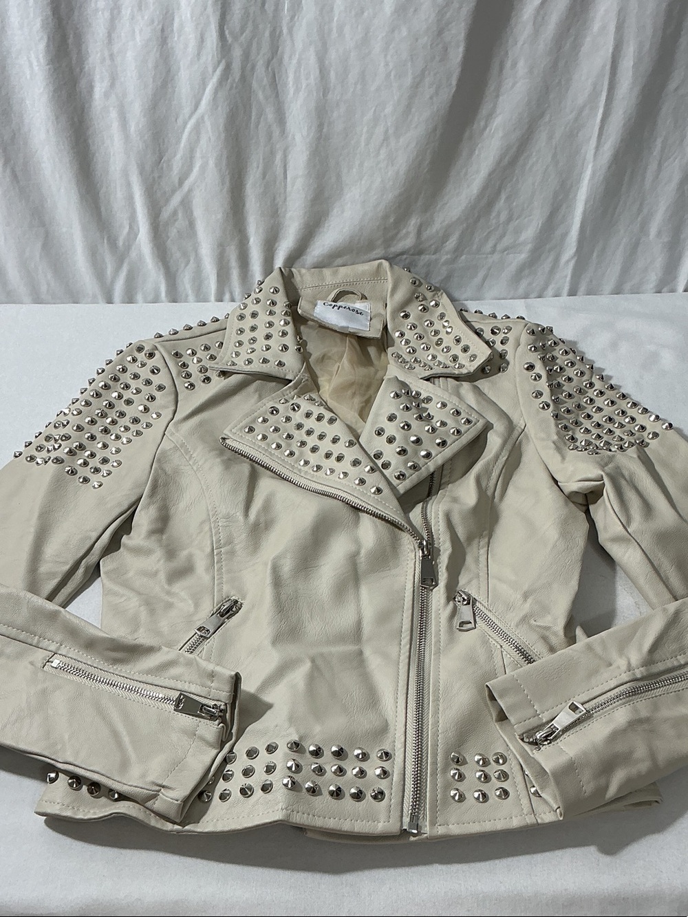 Studded Cream Moto Leather Jacket